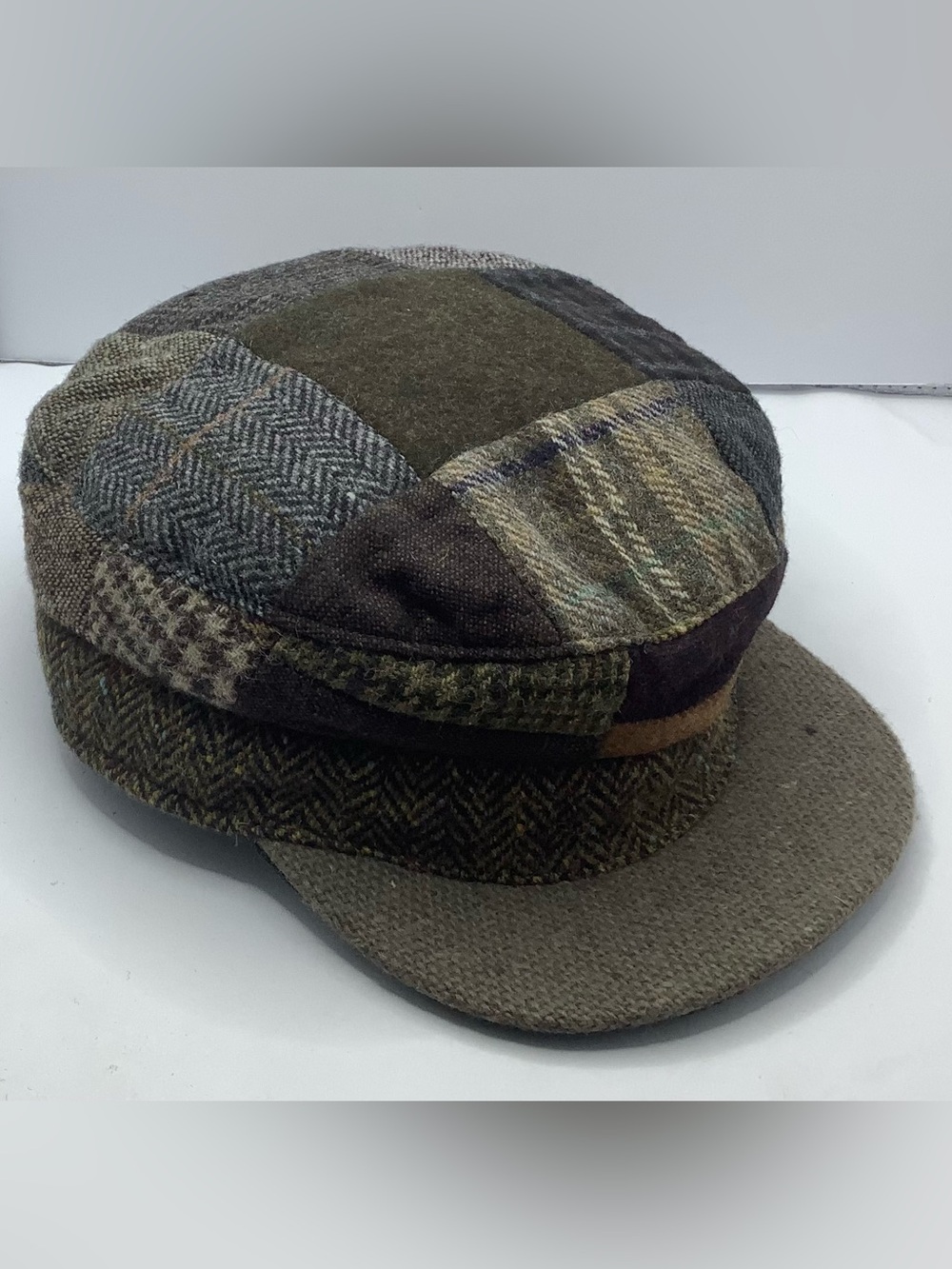 Hanna Hats Donegal Ireland Patchwork Tweed Skipper Mariner Earth Tones Cap XL